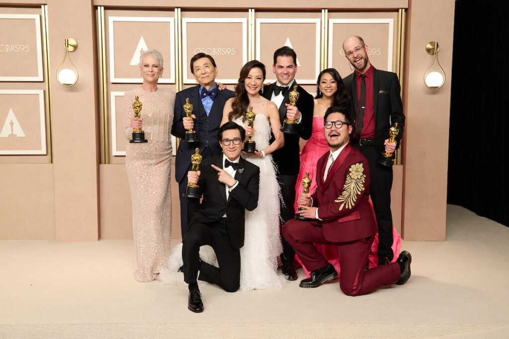 Jamie Lee Curtis, James Hong, Ke Huy Quan, Michelle Yeoh, Jonathan Wang, Stephanie Hsu, Daniel Kwan, and Daniel Scheinert pose backstage with their Oscars® during the live ABC telecast of the 95th Oscars® at Dolby® Theatre at Ovation Hollywood on Sunday, March 12, 2023. Credit/Provider
Michael Yada / ©A.M.P.A.S.