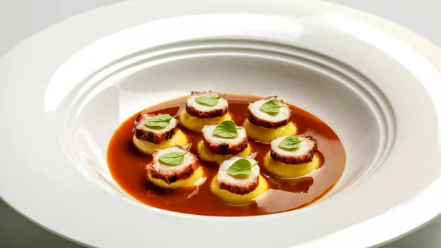 Bottoni di olio e lime in salsa cacciucco e polpo