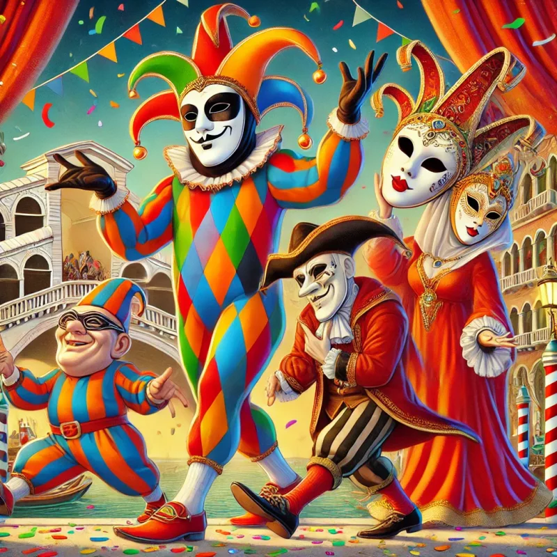 "Illustrazione cartoon delle maschere tradizionali del Carnevale italiano in una scena festosa veneziana. Arlecchino al centro con il suo costume a rombi colorati, Pulcinella con abito bianco e maschera ricurva, Pantalone in rosso con maschera dal naso lungo, e Colombina elegante con una mascherina raffinata. Sfondo con il Ponte di Rialto, coriandoli e luci festive.