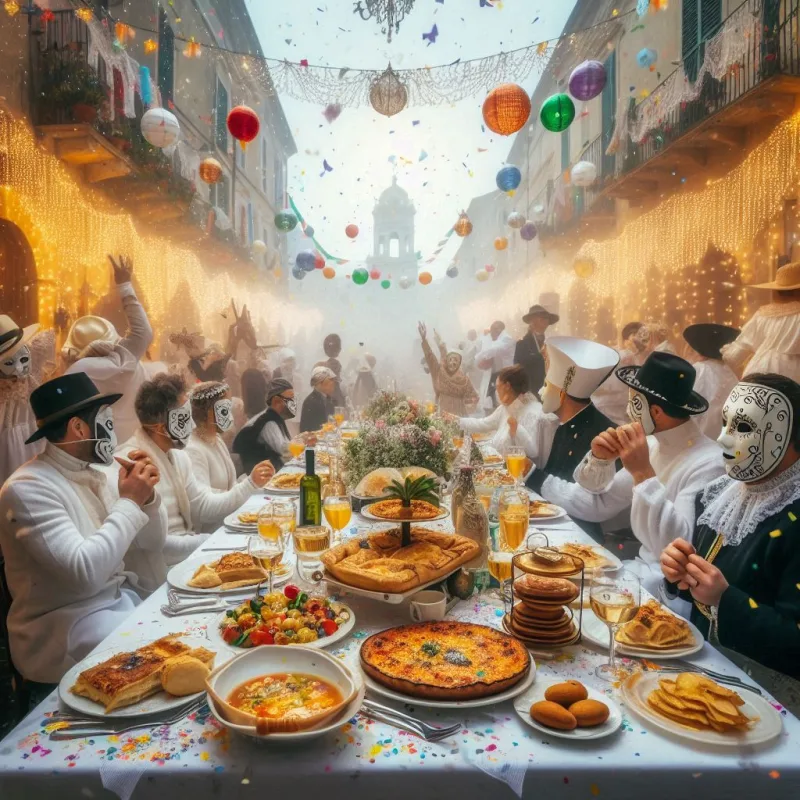 Un'elegante celebrazione del Giovedì Grasso in Italia: tavola imbandita con lasagne, chiacchiere e frittelle, mentre persone in maschera e costumi tradizionali festeggiano tra coriandoli e luci colorate. L'atmosfera è gioiosa, con musica e risate nelle strade.