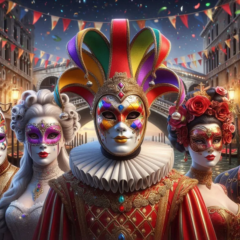 Illustrazione cartoon delle maschere tradizionali del Carnevale italiano in una scena festosa veneziana. Arlecchino al centro con il suo costume a rombi colorati, Pulcinella con abito bianco e maschera ricurva, Pantalone in rosso con maschera dal naso lungo, e Colombina elegante con una mascherina raffinata. Sfondo con il Ponte di Rialto, coriandoli e luci festive.