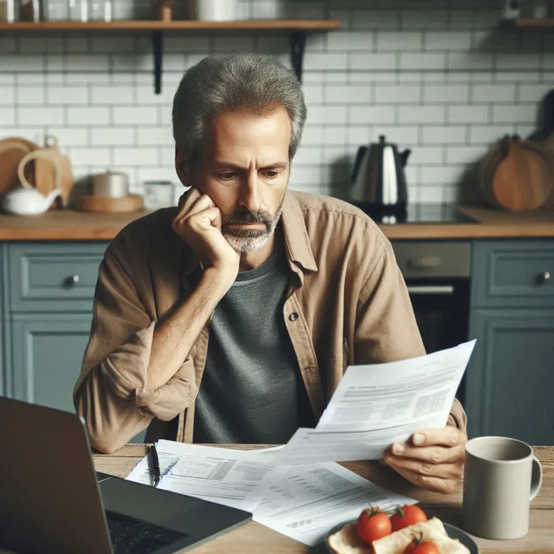 Uomo adulto seduto a tavola con bollette elettriche in mano e sguardo riflessivo, cucina minimalista, toni desaturati