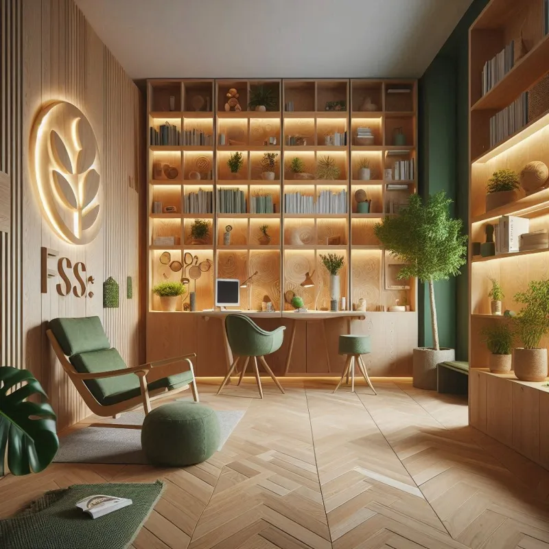 Studio di un leader green con mobili in legno certificato FSC, decorazioni minimal in materiali sostenibili, illuminazione a LED calda e un angolo relax con poltrona e libreria eco-design
