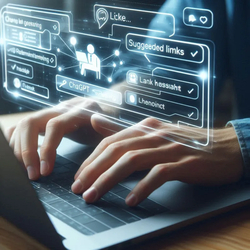 Utente che interagisce con ChatGPT su un laptop, con link suggeriti in risposta, ambiente tech chiaro e pulito