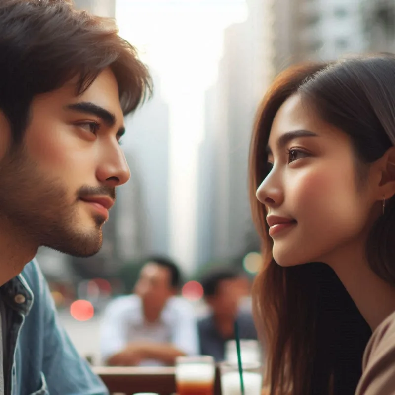 Un primo piano di una coppia che si guarda negli occhi con espressioni di speranza e riconciliazione, seduti a un tavolo di un caffè all’aperto, con sfondo sfocato di una città vivace