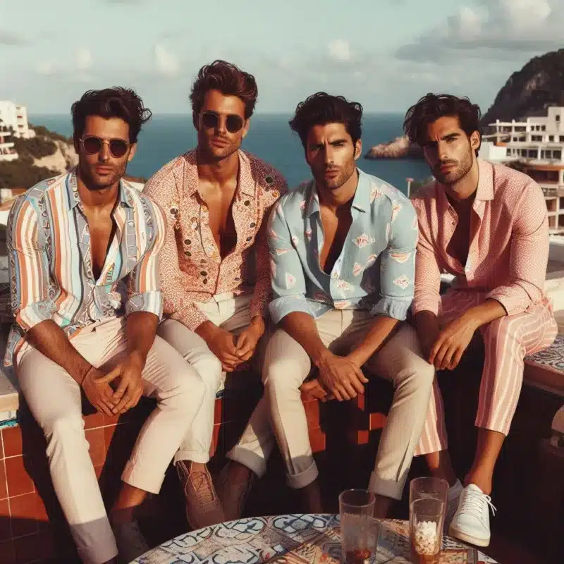 Le camicie stampate dominano la scena, ma non sottovalutare i pantaloni con disegni tono su tono, o i completi leggeri con micro-pattern.