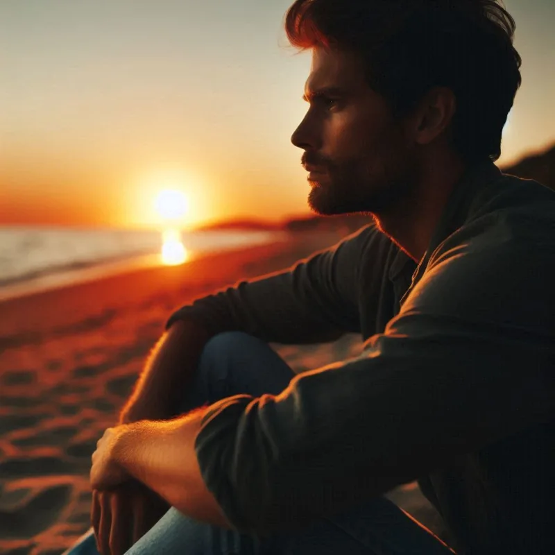 Un uomo seduto da solo su una spiaggia al tramonto, che guarda l'orizzonte con un'espressione serena e malinconica. La luce calda del sole morente illumina il suo viso, trasmettendo un senso di pace interiore e accettazione del cambiamento.