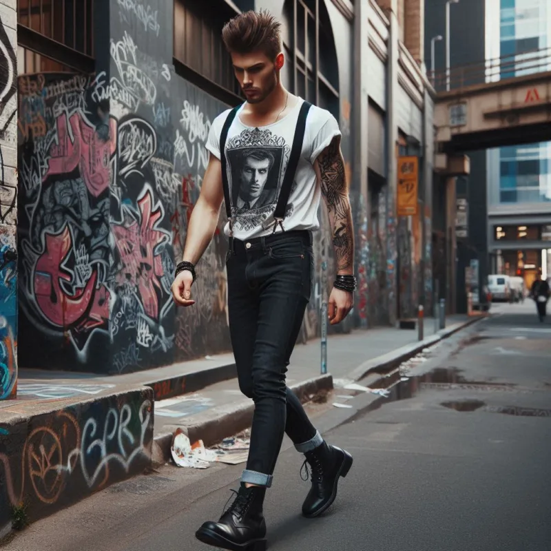 Jeans scuri, t-shirt grafica, bretelle nere e stivaletti. Un mix tra vintage e contemporaneo