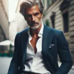 Uomo elegante di 50 anni, capelli brizzolati, indossa blazer blu scuro e camicia bianca, posa urbana, luce naturale, stile sartoriale italiano