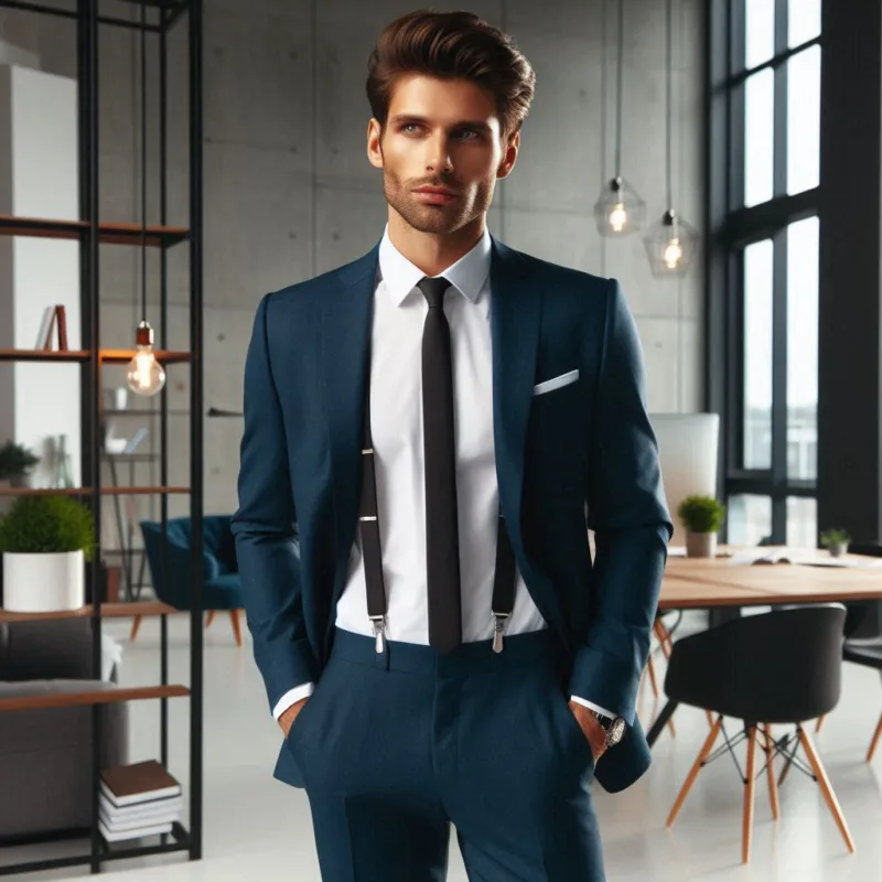 abito blu navy, camicia bianca e bretelle grigio antracite. Eleganza sobria, ma con personalità