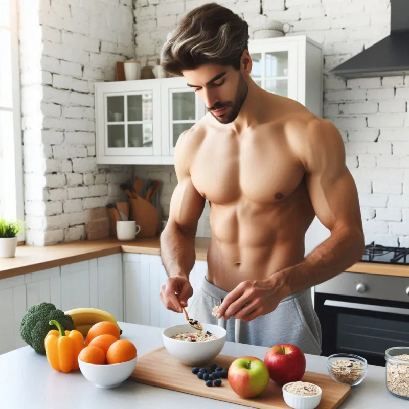 Athletic man preparing a light breakfast with fruits and oats in a sunny modern kitchen, lifestyle photo