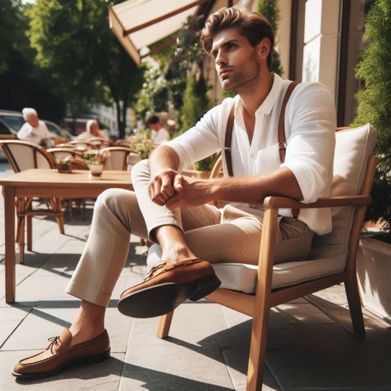 Pantaloni chino beige, camicia in lino bianca, bretelle marrone cuoio e mocassini. Semplice ma di carattere