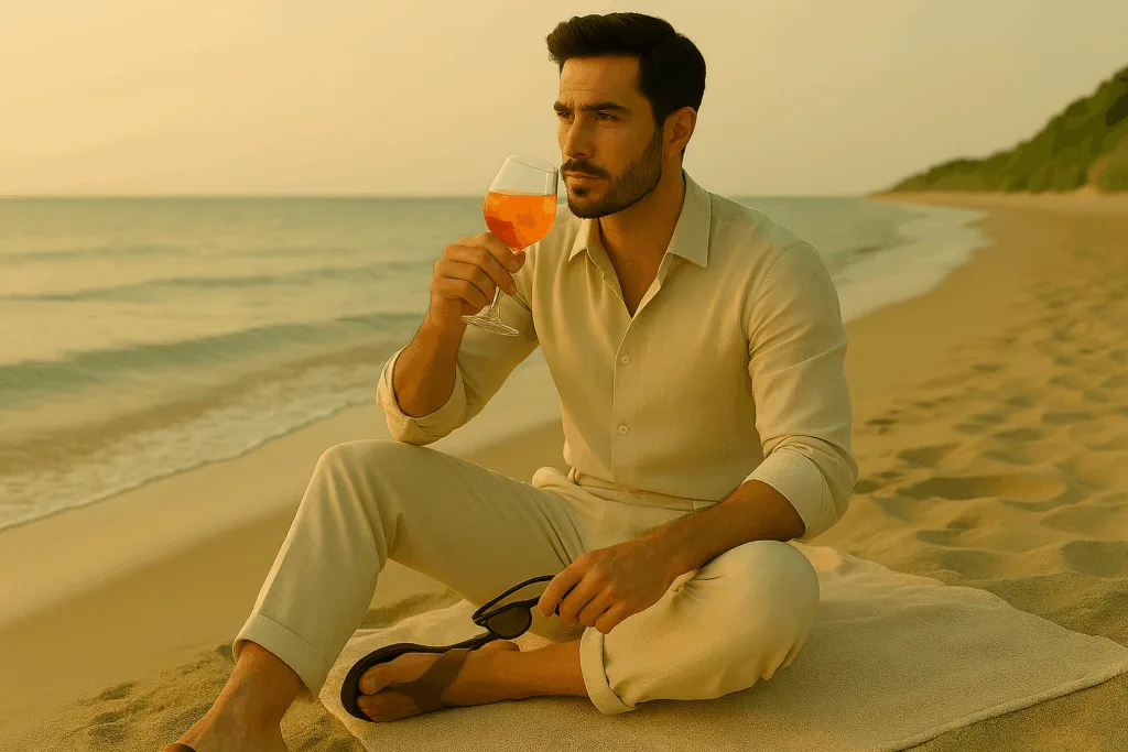 Aperitivo in spiaggia: stile maschile tra lino, eleganza e sobrietà