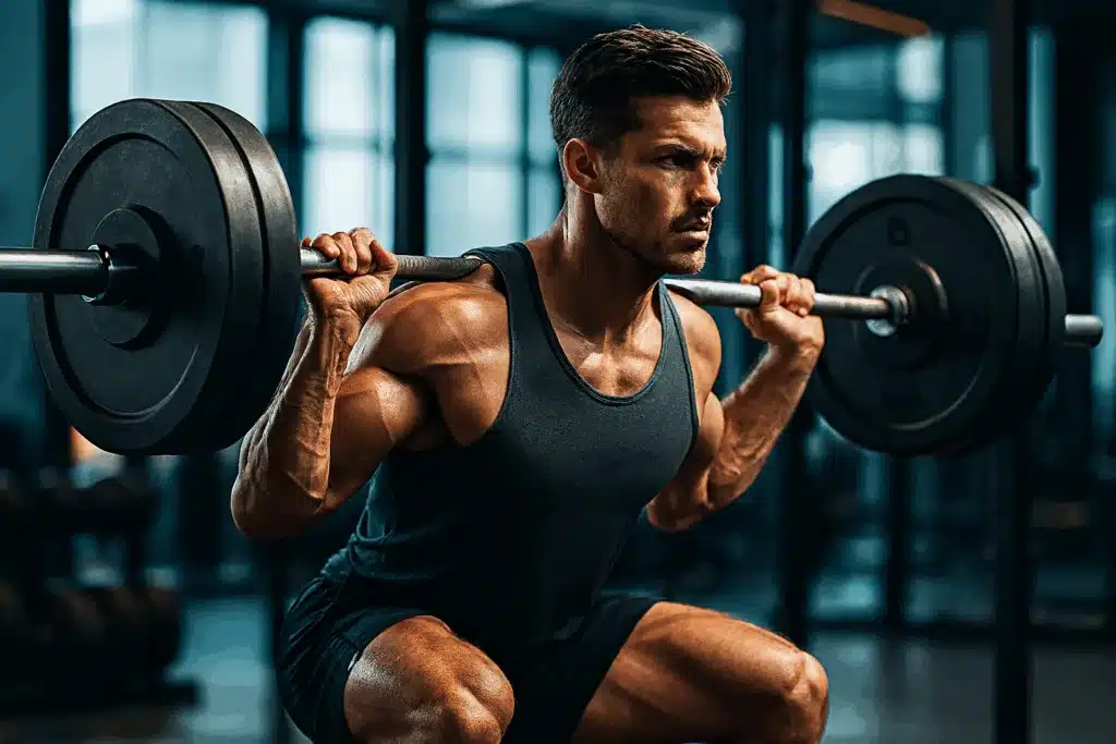 Athletic fit man in his 30s performing compound exercises in a modern gym, dynamic action shot. He's doing a barbell squat with perfect form, muscles engaged, focused expression showing determination. Bright natural lighting through large windows, contemporary gym equipment in background slightly blurred. Wear: fitted athletic tank top and shorts. Composition emphasizes strength, proper technique, and intensity. Photorealistic style, sharp focus on the subject, professional sports photography aesthetic, motivational mood. Color grading: vibrant but natural tones, emphasis on muscle definition and movement. 16:9 or 4:3 format, ultra-high definition.