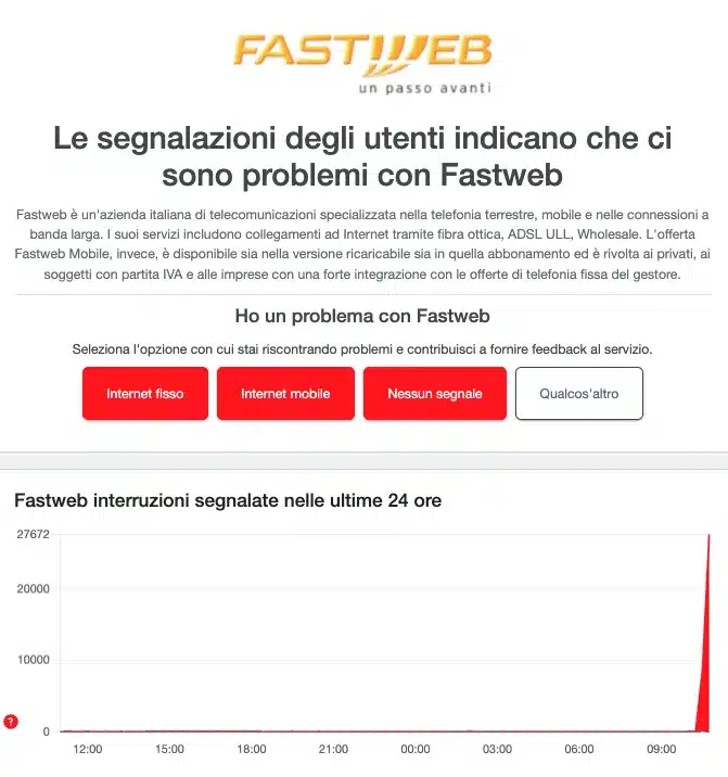 Fastweb down in diverse città d'Italia