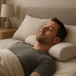 Adult man sleeping comfortably on an orthopedic pillow, relaxed neck and shoulders, peaceful bedroom setting, soft natural light, high-quality lifestyle photography, neutral colors, calm masculine atmosphere, focus on correct cervical support and restful sleep.