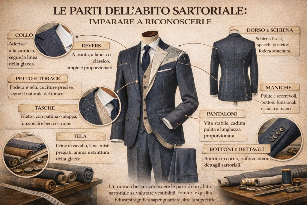 Conoscere le componenti di una giacca o di un pantalone non significa solo soddisfare curiosità tecnica: significa acquisire strumenti concreti per scegliere con consapevolezza, evitare errori e valorizzare il proprio corpo