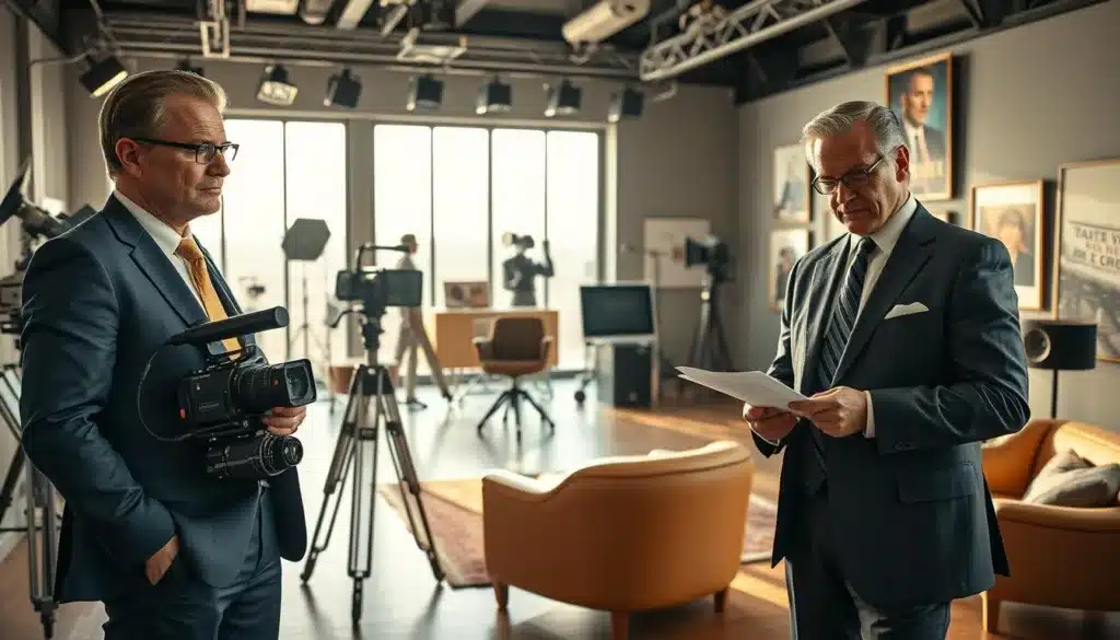 A captivating scene set in a luxurious film studio, showcasing two elegant and determined men in their 40s, dressed in tailored suits that reflect their success and confidence. In the foreground, one man stands with a professional camera, capturing the essence of creativity, while the other poses thoughtfully, resembling a director reviewing a script. In the middle ground, soft natural light filters through large studio windows, highlighting the intricate details of vintage film equipment and awards displayed on the walls. The background features a stylish seating area adorned with posters of iconic films. The atmosphere is inspiring and filled with a sense of achievement, embodying the spirit of reinvention and triumph after 40, shot with a warm editorial style.