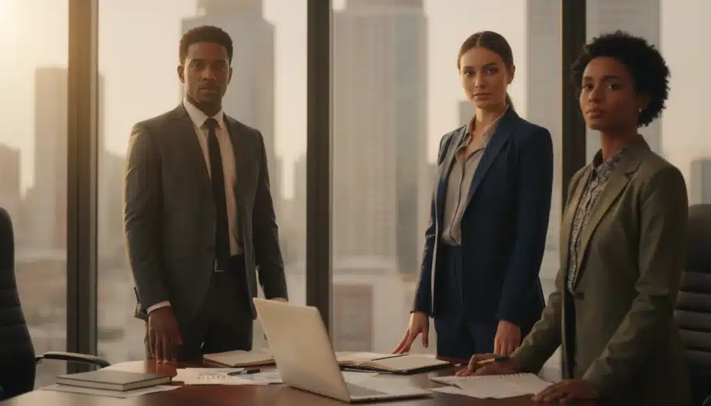 A close-up composition featuring a diverse group of three elegant and determined men, each representing different biological sexes, standing confidently in a softly lit office environment. The foreground captures their expressions of seriousness and determination, dressed in professional business attire, with subtle smiles that convey strength and authority. In the middle ground, a sleek conference table with documents and a laptop indicates an atmosphere of collaboration and focus. The background offers a softly blurred view of a city skyline through large windows, emphasizing a sense of ambition and direction. Natural light streams in, creating a warm, inviting ambience that enhances the professional setting. This image encapsulates the themes of biological sex and identity in a contemporary and sophisticated manner. A close-up composition featuring a diverse group of three elegant and determined men, each representing different biological sexes, standing confidently in a softly lit office environment. The foreground captures their expressions of seriousness and determination, dressed in professional business attire, with subtle smiles that convey strength and authority. In the middle ground, a sleek conference table with documents and a laptop indicates an atmosphere of collaboration and focus. The background offers a softly blurred view of a city skyline through large windows, emphasizing a sense of ambition and direction. Natural light streams in, creating a warm, inviting ambience that enhances the professional setting. This image encapsulates the themes of biological sex and identity in a contemporary and sophisticated manner.