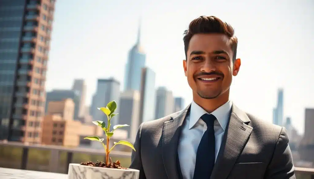 A confident and determined man in a professional business suit is seen standing in an urban environment, with a bright and uplifting city skyline in the background. He has a slight smile on his face, expressing positivity and focus. Natural sunlight bathes the scene, creating soft shadows and enhancing the image’s warm, optimistic atmosphere. In the foreground, a small plant thrives on a marble table, symbolizing growth and positive mindset. The camera angle is slightly elevated, capturing both the man and the expansive skyline, suggesting ambition and possibilities. Overall, the image conveys a sense of determination and a positive outlook, inspiring viewers to embrace a proactive mindset in their daily lives.