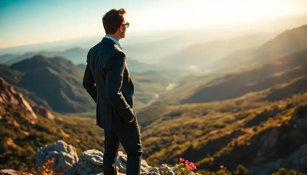 A confident, determined man in a sleek business suit stands atop a mountain peak, overlooking a breathtaking landscape bathed in warm, natural light during golden hour. The foreground showcases the man gazing at the horizon, embodying self-assurance and ambition. In the middle ground, a sweeping valley unfolds with lush greenery and vibrant flowers, symbolizing growth and potential. The distant background features a clear blue sky, reinforcing a sense of limitless possibilities. The composition is captured from a low angle, emphasizing the man's elevation and strength, while soft shadows enhance the overall depth. The mood is aspirational and uplifting, conveying the powerful connection between ambition and self-esteem, inspiring viewers to reach for their goals.