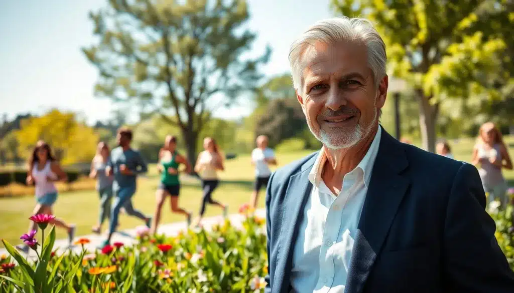 A confident, elegant man in his fifties stands in a sunlit park, exuding energy and vitality. He is dressed in a tailored navy blazer and casual white shirt, with a subtle smile that reflects his determination. In the foreground, lush greenery and vibrant flowers create a sense of life and renewal. The middle ground features a group of diverse individuals engaging in activities like jogging and practicing yoga, symbolizing strength and community. In the background, a clear blue sky enhances the uplifting atmosphere. Soft, natural light emphasizes the man’s features and the lively expressions of those around him. The overall mood is one of inspiration and an embrace of life's opportunities, showcasing that vitality and determination transcend age.