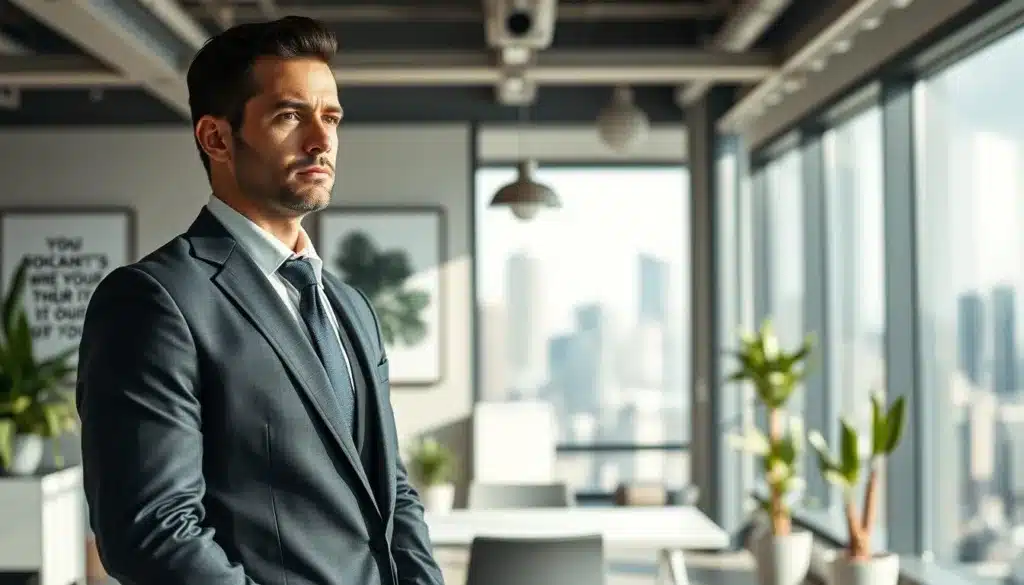 A determined and elegant man in a sharp business suit stands confidently in the foreground, embodying a winning mindset. He gazes forward with a focused expression, exuding ambition and professionalism. In the middle ground, an office environment with large windows showcases a bright, natural light flooding in, illuminating a sleek, modern workspace filled with plants and motivational artwork. The background features a city skyline, symbolizing opportunities and growth. Capture the mood of determination and success, as the light creates soft shadows that enhance the depth and richness of the scene. Use a shallow focus to emphasize the man while keeping the office ambiance clear and inviting, creating a premium editorial style image.