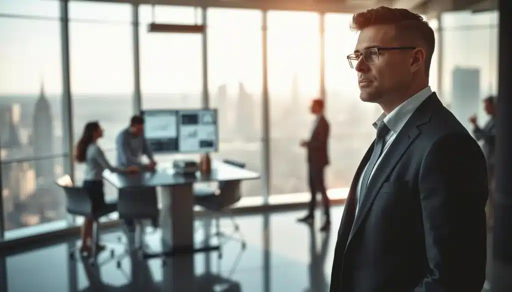 A determined, elegant business leader stands confidently in a modern office setting, embodying the essence of shared vision and objective alignment. In the foreground, he is dressed in a well-tailored suit, with a thoughtful expression as he gazes into the distance, symbolizing foresight. The middle ground features a collaborative team discussing ideas and strategies around a sleek conference table, with a digital screen displaying graphs and plans. The background showcases a panoramic view of a city skyline bathed in soft, natural light, enhancing the atmosphere of ambition and innovation. Capture this scene with a professional editorial style, emphasizing clarity and engagement, while maintaining a sense of warmth and motivation in the overall mood.