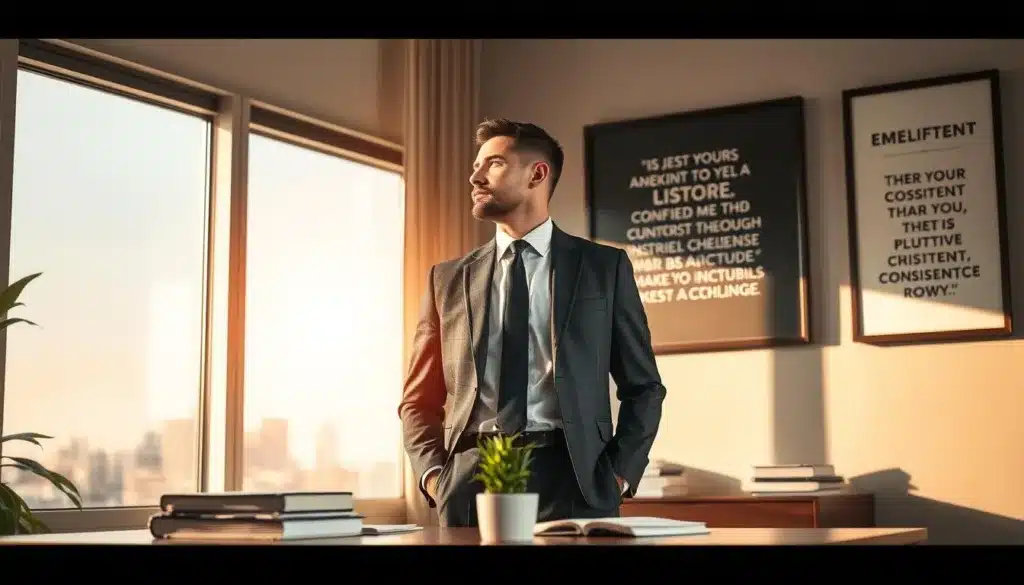 A determined, elegant man in a professional business suit stands confidently in a serene office environment. He gazes thoughtfully out of a large window, where soft, natural light illuminates his features, creating a warm yet focused atmosphere. In the foreground, a stylish desk is adorned with motivational books and a small plant, symbolizing growth and perseverance. The middle ground features a display of inspirational quotes framed on the wall, reinforcing the theme of consistency through challenges. In the background, a city skyline is visible, suggesting the pursuit of ambitious goals. The overall composition conveys a sense of calm determination and resilience, embodying the essence of maintaining motivation during stressful times. A determined, elegant man in a professional business suit stands confidently in a serene office environment. He gazes thoughtfully out of a large window, where soft, natural light illuminates his features, creating a warm yet focused atmosphere. In the foreground, a stylish desk is adorned with motivational books and a small plant, symbolizing growth and perseverance. The middle ground features a display of inspirational quotes framed on the wall, reinforcing the theme of consistency through challenges. In the background, a city skyline is visible, suggesting the pursuit of ambitious goals. The overall composition conveys a sense of calm determination and resilience, embodying the essence of maintaining motivation during stressful times.