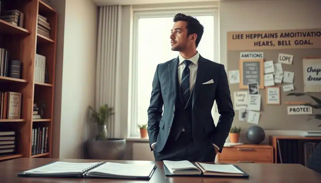 A determined, elegant man in a tailored business suit stands in a well-organized office, symbolizing personal discipline and goal achievement. The foreground features a sleek desk with a planner and a laptop open to a project plan. In the middle, the man is thoughtfully gazing out of a large window, as if envisioning his future goals. The background reveals a bookshelf filled with motivational books and a vision board showcasing ambitions and dreams. Soft, natural light illuminates the scene, creating a warm and inspiring atmosphere. The camera angle is slightly tilted upward to highlight the man's confident posture, emphasizing the blend of ambition and professionalism in a realistic, premium editorial style. The mood is focused and aspirational, capturing the essence of turning desire into concrete plans.