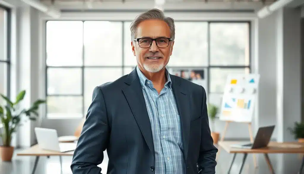 A determined, elegant man in his 50s is standing confidently in a bright, airy modern office space, surrounded by elements that represent new work opportunities. In the foreground, he is wearing professional business attire, exuding a sense of optimism and resilience. In the middle ground, there are various tools of entrepreneurship, such as a laptop, notebooks, and creative project boards, symbolizing innovation and reinvention. The background features large windows allowing natural light to flood the room, enhancing the optimistic atmosphere. The overall mood is inspiring and forward-thinking, evoking a sense of empowerment and the exciting journey of exploring new career paths. The composition should be captured with a soft focus lens, emphasizing the subject while maintaining clarity on the elements that represent new ideas.