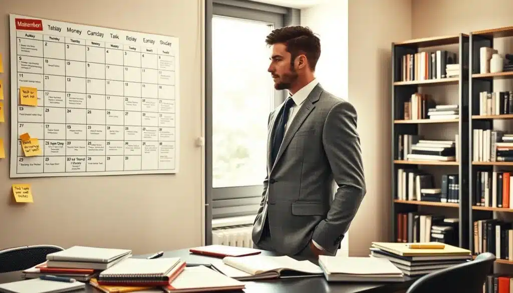 A determined, elegantly dressed man in a crisp, tailored suit stands in a sunlit office environment, embodying the essence of discipline and focus. He is gazing thoughtfully at a large wall calendar filled with neatly organized goals and tasks, highlighting his commitment to daily achievement. In the foreground, a sleek desk cluttered with notebooks and motivational quotes on sticky notes emphasizes the theme of persistence. The middle ground features a window with natural light streaming in, illuminating the space and creating a warm, inspiring atmosphere. In the background, a well-stocked bookshelf filled with business books symbolizes knowledge and ongoing learning. Overall, the scene conveys a sense of purpose and commitment, visually illustrating the difference between wishing for success and actively constructing it every day. A determined, elegantly dressed man in a crisp, tailored suit stands in a sunlit office environment, embodying the essence of discipline and focus. He is gazing thoughtfully at a large wall calendar filled with neatly organized goals and tasks, highlighting his commitment to daily achievement. In the foreground, a sleek desk cluttered with notebooks and motivational quotes on sticky notes emphasizes the theme of persistence. The middle ground features a window with natural light streaming in, illuminating the space and creating a warm, inspiring atmosphere. In the background, a well-stocked bookshelf filled with business books symbolizes knowledge and ongoing learning. Overall, the scene conveys a sense of purpose and commitment, visually illustrating the difference between wishing for success and actively constructing it every day.