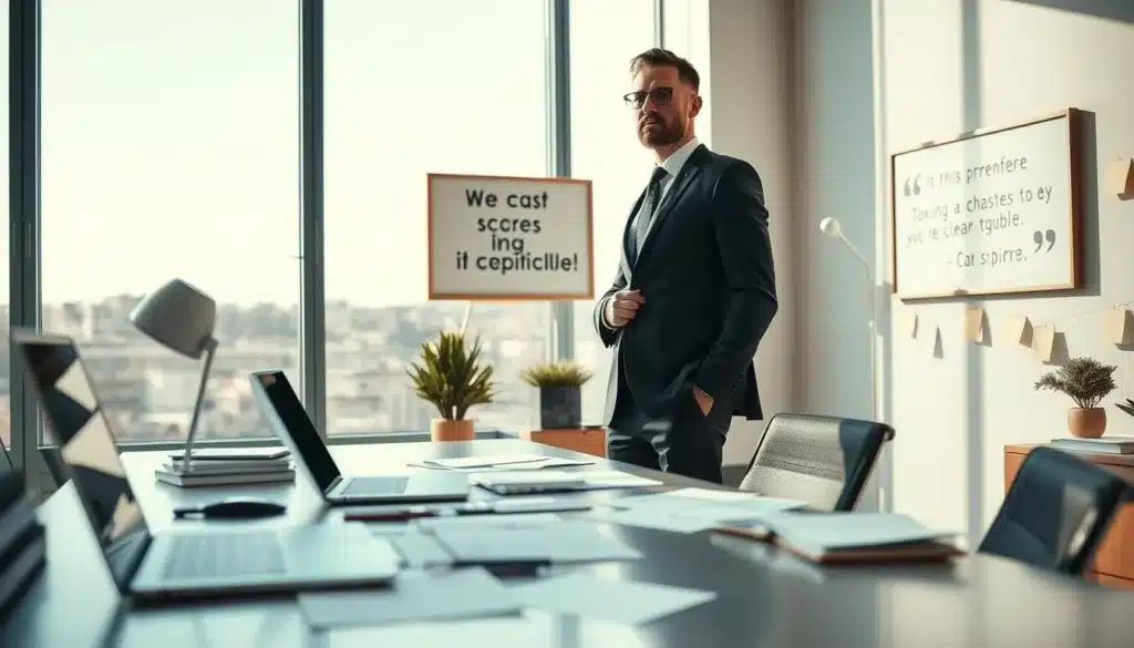 A determined man in a professional business suit, standing confidently at a sleek, modern desk cluttered with task lists and a laptop, symbolizing focus and discipline. In the background, a large window reveals a bright, sunny day, casting natural light over the workspace, enhancing the ambiance of clarity and motivation. The middle ground features motivational post-its and a motivational quote framed on the wall, reinforcing the theme of setting clear goals. The overall mood conveys professionalism, determination, and the pursuit of success through discipline. The image captures a dynamic yet serene atmosphere, emphasizing the importance of a structured path towards achieving objectives. The composition is shot from a slight angle, inviting viewers to feel part of this focused journey. A determined man in a professional business suit, standing confidently at a sleek, modern desk cluttered with task lists and a laptop, symbolizing focus and discipline. In the background, a large window reveals a bright, sunny day, casting natural light over the workspace, enhancing the ambiance of clarity and motivation. The middle ground features motivational post-its and a motivational quote framed on the wall, reinforcing the theme of setting clear goals. The overall mood conveys professionalism, determination, and the pursuit of success through discipline. The image captures a dynamic yet serene atmosphere, emphasizing the importance of a structured path towards achieving objectives. The composition is shot from a slight angle, inviting viewers to feel part of this focused journey.