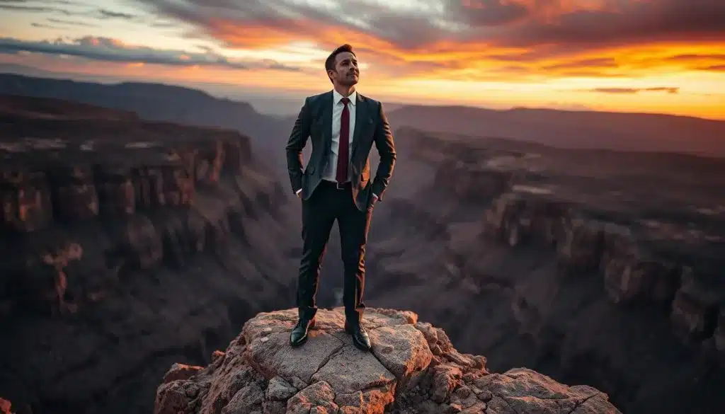 A determined man in a professional business suit, standing confidently at the edge of a rocky cliff overlooking a vast landscape, symbolizes motivation amidst adversity. In the foreground, his body language conveys strength and resilience, with his head slightly tilted upwards, as if facing an internal challenge. In the middle ground, the rocky terrain meets a deep valley bathed in soft, warm natural light, casting gentle shadows that highlight the man's features. The background features a dramatic sky painted with deep orange and purple hues, reflecting the tension of difficult moments. The overall atmosphere is one of perseverance and focus, capturing the essence of maintaining motivation in hard times. The image should be shot at a slightly low angle to emphasize the figure's stature and determination, giving a cinematic feel to the scene. A determined man in a professional business suit, standing confidently at the edge of a rocky cliff overlooking a vast landscape, symbolizes motivation amidst adversity. In the foreground, his body language conveys strength and resilience, with his head slightly tilted upwards, as if facing an internal challenge. In the middle ground, the rocky terrain meets a deep valley bathed in soft, warm natural light, casting gentle shadows that highlight the man's features. The background features a dramatic sky painted with deep orange and purple hues, reflecting the tension of difficult moments. The overall atmosphere is one of perseverance and focus, capturing the essence of maintaining motivation in hard times. The image should be shot at a slightly low angle to emphasize the figure's stature and determination, giving a cinematic feel to the scene.