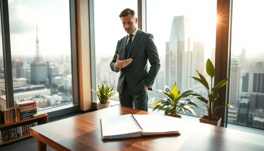 A determined man in a sleek, modern office setting, dressed in a tailored suit, stands confidently by a large window overlooking a bustling cityscape. He is contemplating a strategy, with a notepad filled with notes and sketches on a polished wooden desk in front of him. The warm, natural light streams through the window, casting soft shadows that emphasize his focused expression. In the middle ground, shelves lined with books on entrepreneurship and personal development add depth, while a vibrant green plant brings a touch of nature to the scene. The overall mood is one of inspiration and professionalism, capturing the essence of developing an entrepreneurial mindset through daily habits and routines. Use a wide-angle lens to enhance the spacious feel and create an inviting atmosphere.