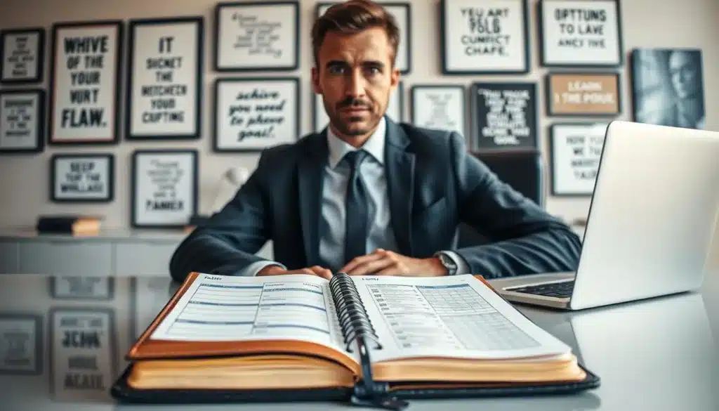A determined man in professional business attire sits at a sleek, modern desk, surrounded by an organized workspace that reflects his focus and commitment. The foreground features a leather-bound planner opened to a meticulously planned schedule, symbolizing autodisciplina. In the middle, a laptop displays graphs of achieved goals, emphasizing progress. The background is filled with motivational quotes framed on the wall, bathed in soft, natural light that creates a warm, inviting atmosphere. The composition captures the essence of self-discipline and productivity, with perspective from a slightly elevated angle, promoting a sense of aspiration and achievement. The overall mood is one of serene determination and clarity, illustrating the power of personal discipline in life and work.