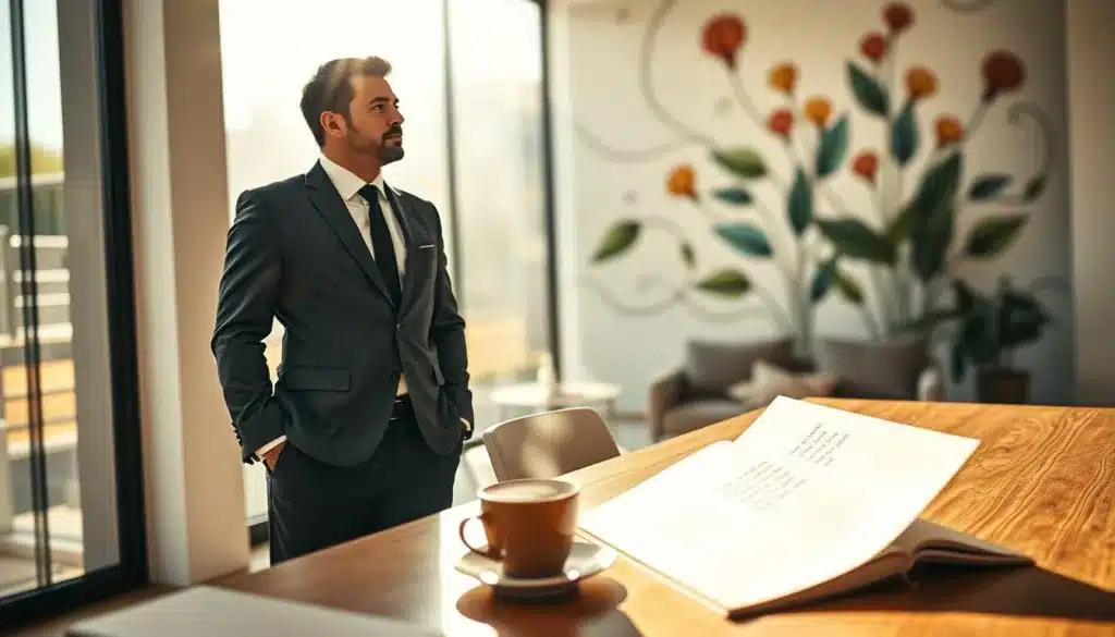A determined man in professional business attire stands confidently in a bright, airy office setting, embodying the essence of positive thinking. In the foreground, he gazes thoughtfully out of a large window, sunlight streaming in and illuminating his face, accentuating his focused expression. In the middle ground, a stylish desk with an open notebook filled with motivational quotes and a steaming cup of coffee suggest an atmosphere of productivity and inspiration. The background features an abstract mural on the wall symbolizing growth and positivity, enhancing the sense of creativity and ambition. The overall mood is optimistic and empowering, captured in a warm, natural light that conveys a sense of calm and determination, through a slight depth of field, highlighting the subject while softly blurring the background.