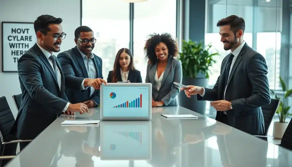 A dynamic office scene featuring a diverse group of professional individuals engaged in a productive discussion around a modern conference table. In the foreground, two elegantly dressed men in business suits, one Asian and one Black, point at a laptop displaying charts, embodying determination and focus. The middle ground includes a woman in smart-casual attire, taking notes, while another colleague stands by a large window, with natural light streaming in, illuminating the space. The background shows a sleek, contemporary office environment with motivational artwork and greenery. The atmosphere is vibrant and collaborative, reflecting the essence of professional success. The image should feel energetic and inspirational, captured with soft lighting and a slight depth of field to bring focus to the participants' expressions.