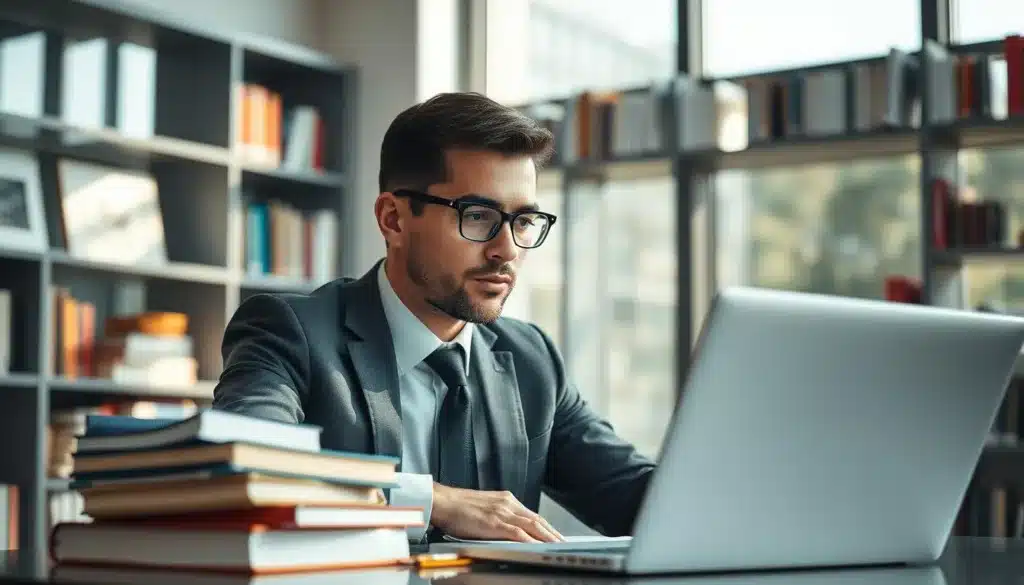 A focused and ambitious man in formal business attire is sitting at a sleek, modern desk surrounded by educational materials like books and a laptop. He appears engaged in online learning, his expression determined and thoughtful. In the background, shelves filled with books and a large window allowing natural light to flood the room creates an inspiring atmosphere. Soft lighting highlights the contours of his face, adding warmth. The composition emphasizes a sense of professionalism and growth, reflecting the importance of continuous education and skill development. The lens captures a shallow depth of field, bringing attention to the subject while softly blurring the background. The overall mood evokes aspiration and clarity, suitable for a professional setting focused on career advancement and lifelong learning.
