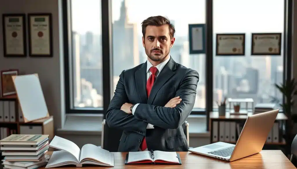 A focused, elegant man in a modern office setting, dressed in a tailored suit, stands confidently with arms crossed, embodying determination and professionalism. In the foreground, a well-organized desk filled with educational books, a laptop, and a notepad symbolizes knowledge and learning. In the middle ground, a large window reveals a bustling city skyline, bathed in warm, natural light that enhances the atmosphere of ambition and success. The background features framed certificates and accolades on the wall, representing skill mastery and personal branding. The overall mood of the image is inspiring and forward-looking, encouraging viewers to reflect on the importance of competencies and continuous learning for career advancement after 30.