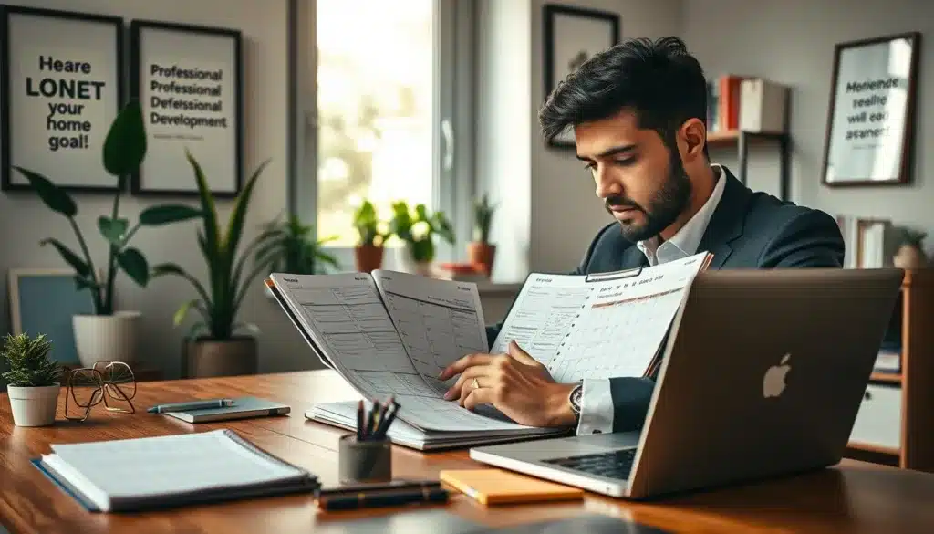 A focused individual in professional business attire sits at a modern wooden desk, diligently organizing a planner filled with daily tasks and goals. In the foreground, neatly arranged stationery and a laptop with an open calendar app are visible, showcasing a structured daily agenda. The middle ground features a window with soft natural light streaming in, illuminating a cozy, well-organized workspace adorned with plants and motivational quotes framed on the wall. In the background, a subtle bookshelf displays various professional development books. The atmosphere is productive and inspiring, evoking a sense of determination and clarity. Captured from a slight angle to convey depth, the image reflects a stylish, premium editorial aesthetic, enhancing the mood of professional growth and daily action planning.