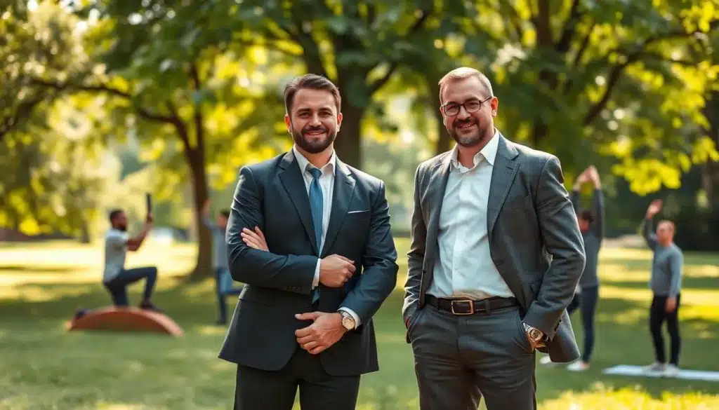 A group of elegant and determined men standing together in a lush, green park, embodying strength and resilience. The foreground features two men in professional business attire, exuding confidence as they share a moment of support and camaraderie. In the middle ground, other men engage in activities that represent overcoming challenges, like climbing a small hill or practicing yoga. The background showcases trees and sunlight filtering through the leaves, creating a warm, uplifting atmosphere. The scene captures a sense of connection and empowerment, emphasizing protective factors that enhance male resilience. Shot in natural light with a soft focus, the composition evokes hope and determination, highlighting the theme of transformation from failures to strengths.