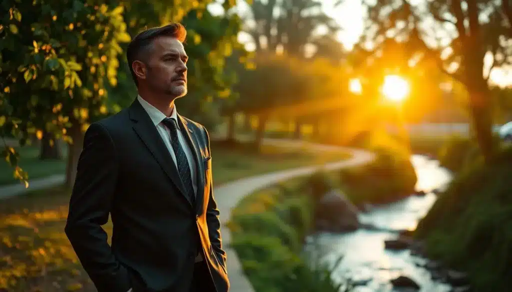 A poised and determined man in a professional business suit stands confidently at the edge of a serene park during golden hour, surrounded by lush greenery. The sunlight filters through the leaves, casting dappled shadows on the ground, creating an inviting atmosphere. In the background, a gentle stream flows, symbolizing the passage of time and new beginnings. The man's expression is one of focus and aspiration, as he gazes towards the horizon where the sun sets, representing endless possibilities. The composition captures a blend of realism and elegance, with a soft depth of field that highlights the subject while subtly blurring the background. The mood is inspiring and reflective, encapsulating the theme of reinvention and success after 40 in a visually striking way.