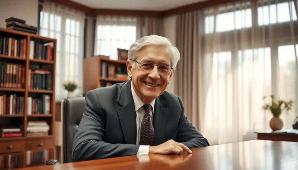 A portrait of Dale Carnegie, an elegantly dressed middle-aged man with a friendly smile, exuding charisma and confidence. He is seated at a polished wooden desk in a well-lit office, with natural light streaming through a large window adorned with sheer curtains. In the background, shelves filled with books on personal development and communication create an inspiring atmosphere. The foreground emphasizes Carnegie's engaging expression, reflecting his warmth and approachability. The composition is shot from a slight angle with a soft focus on the background, creating a premium editorial style. The overall mood is professional yet inviting, embodying the themes of relationships, persuasion, and charisma without the use of manipulation.