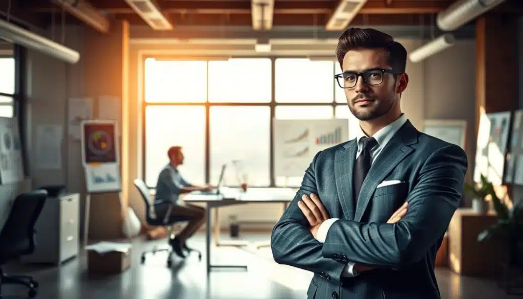 A powerful image showcasing the essence of an entrepreneurial mindset versus a traditional employee mindset. In the foreground, an elegant and determined man in a tailored suit stands confidently, arms crossed, exuding professionalism and initiative. In the middle ground, a contrasting figure in casual attire sits at a desk, looking contemplative, representing a traditional employee mentality. The background features an inspiring workspace with bright, natural light streaming through large windows, illuminating a modern office filled with motivational elements such as charts, graphs, and creative brainstorming materials. The overall atmosphere conveys determination, innovation, and the transformative power of shifting perspectives, with a premium editorial style that captures the essence of success and growth. The image should be realistic, focusing on the two contrasting mindsets in a dynamic and enlightening environment, shot with a soft focus to emphasize the subjects.