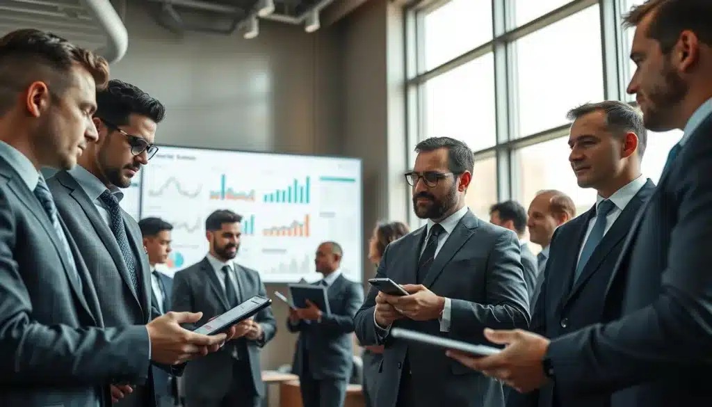 A professional business office environment filled with elegant and determined men engaged in discussions around numerical data and business processes. In the foreground, a diverse group of professionals in tailored suits analyzes charts and graphs on digital devices, exuding a sense of focus and collaboration. In the middle ground, a large screen displays complex analytics and process flow diagrams, contributing to a productive atmosphere. The background features large windows with natural light streaming in, illuminating the workspace and creating a warm, inviting ambiance. The composition is shot from a slightly elevated angle to capture the dynamic interaction and professionalism of the subjects, ensuring a realistic and premium editorial style.