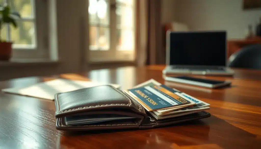 A realistic and elegant wallet placed on a polished wooden table, showcasing fine leather texture and intricate stitching. In the foreground, the wallet is open, displaying a diverse range of cards and cash, symbolizing a well-managed financial portfolio. In the middle ground, soft natural light filters through a nearby window, casting gentle shadows that enhance the wallet's design. In the background, hints of financial documents and a laptop can be seen, suggesting an atmosphere of investment strategy. The overall mood conveys stability and sophistication, ideal for a financial success theme. Use a shallow depth of field to emphasize the wallet, capturing the sense of professionalism and long-term investment strategy in an editorial style.