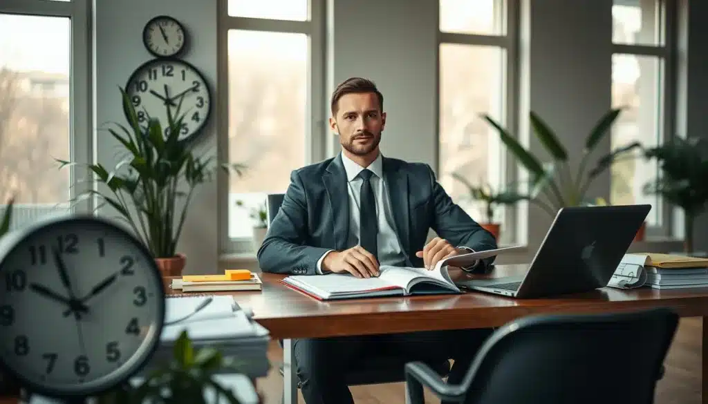 A serene and focused workspace featuring an elegant, determined man dressed in professional business attire. He is seated at a sleek wooden desk, surrounded by organized planners, a laptop, and colorful sticky notes. In the foreground, a wall clock symbolizes the concept of time management. In the middle ground, plants add a touch of life, softening the environment. The background features large windows allowing natural light to fill the room, casting gentle shadows. The atmosphere is calm and inspiring, emphasizing productivity and thoughtful planning. Capture the essence of goal-setting and resource management, highlighting a sense of balance and adaptability. Use premium editorial style with soft focus and warm lighting to enhance the mood. A serene and focused workspace featuring an elegant, determined man dressed in professional business attire. He is seated at a sleek wooden desk, surrounded by organized planners, a laptop, and colorful sticky notes. In the foreground, a wall clock symbolizes the concept of time management. In the middle ground, plants add a touch of life, softening the environment. The background features large windows allowing natural light to fill the room, casting gentle shadows. The atmosphere is calm and inspiring, emphasizing productivity and thoughtful planning. Capture the essence of goal-setting and resource management, highlighting a sense of balance and adaptability. Use premium editorial style with soft focus and warm lighting to enhance the mood.