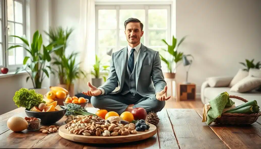 A serene and inspiring scene illustrating the relationship between body energy and brain function. In the foreground, a focused, elegantly dressed man meditating, symbolizing mental concentration and clarity. His posture reflects strength and poise, with a gentle smile. The middle ground features an array of healthy foods, such as fruits, nuts, and green vegetables, artfully arranged on a wooden table, representing nutrition that fuels the brain. The background showcases a bright, airy room bathed in natural light, with plants and soft textures, evoking a sense of tranquility and balance. The image captures a harmonious atmosphere, highlighting the essential connection between sleep, diet, and physical activity in enhancing focus and concentration.