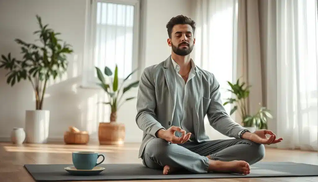 A serene morning scene featuring an elegant, determined man in a stylish casual outfit, engaging in self-care activities. In the foreground, he's meditating on a yoga mat, exuding tranquility and focus. The middle ground shows a softly lit space with indoor plants and an inviting cup of herbal tea nearby, symbolizing mental clarity. The background reveals a bright window with natural light filtering through sheer curtains, enhancing the peaceful atmosphere. The overall mood is one of calmness and self-awareness, promoting the idea of nurturing both body and mind. The angle is slightly elevated to capture the harmony of the space without distractions, emphasizing a premium editorial style.